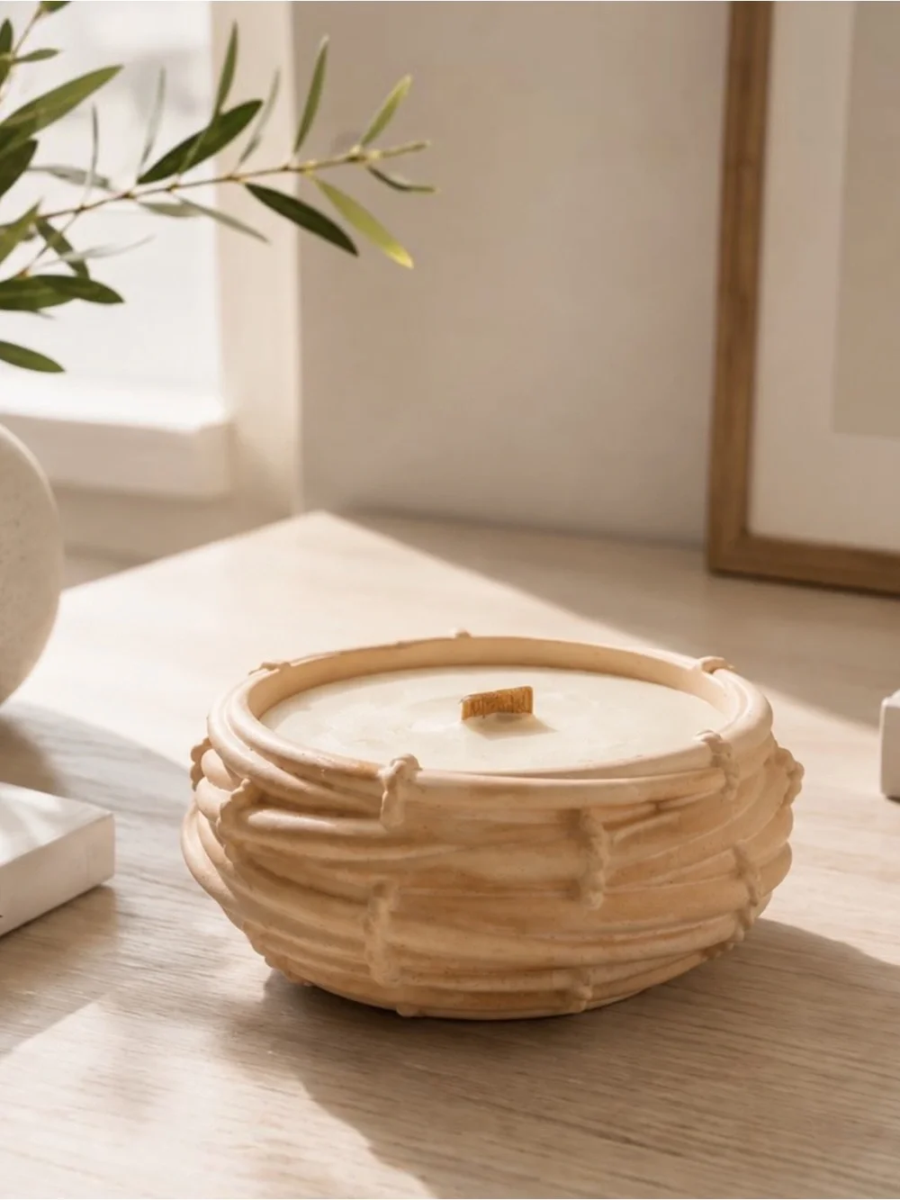 Cream Ceramic Bowl Candle with Wooden Wick - Home Accents